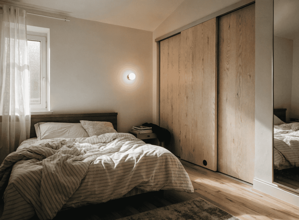 A Compact Bedroom - Small Homes USA Newsletter Cozy bedroom with large bed and wooden closet doors in small home.