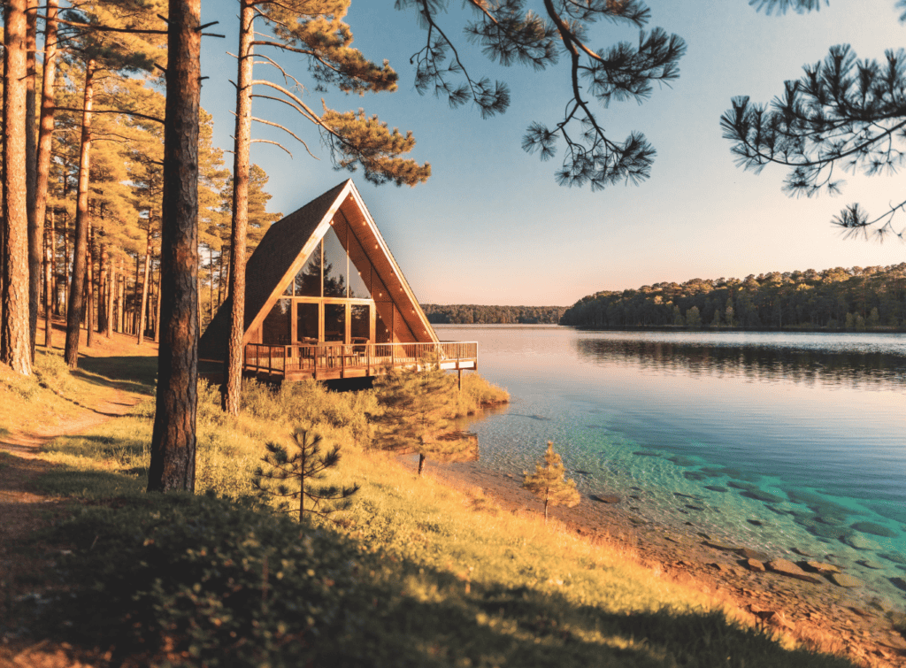 A Frame Pine - Small Homes USA Newsletter A-frame tiny house by a lake with pine trees and sunset sky.