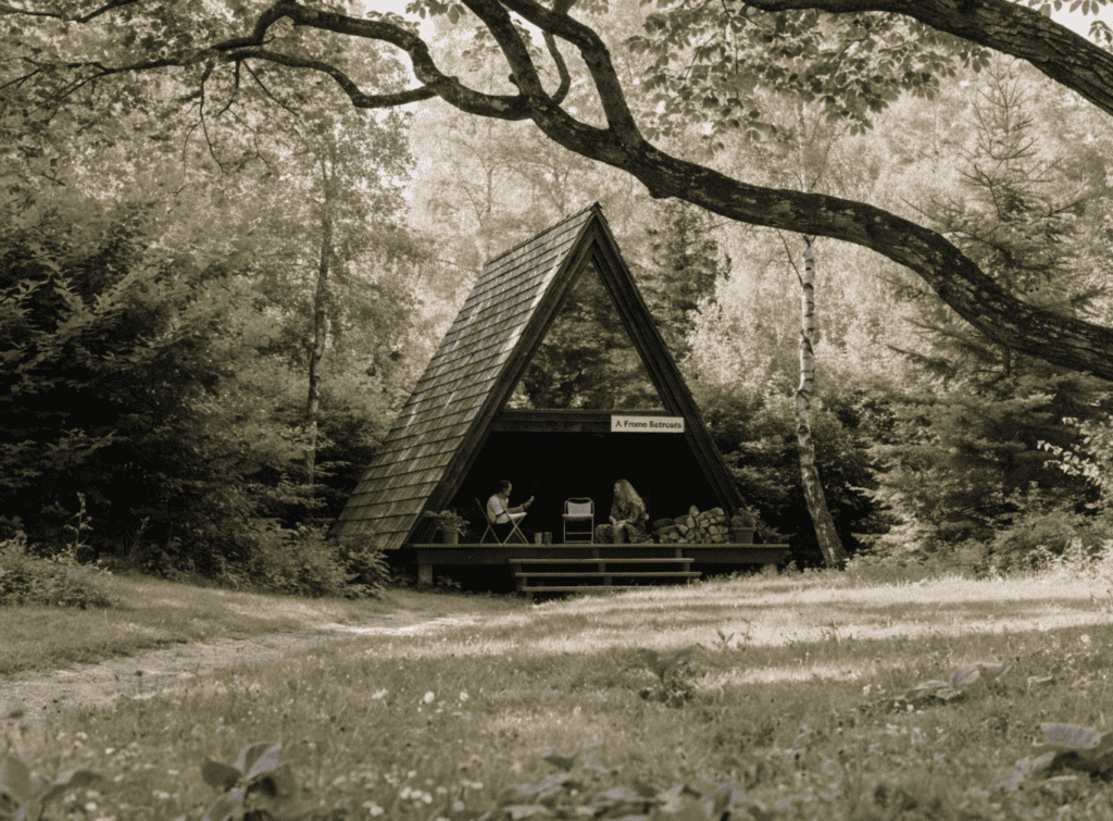 A Frame Retreats - Small Homes USA Newsletter Aerial view of a small A-frame cabin in a forested area with outdoor seating.
