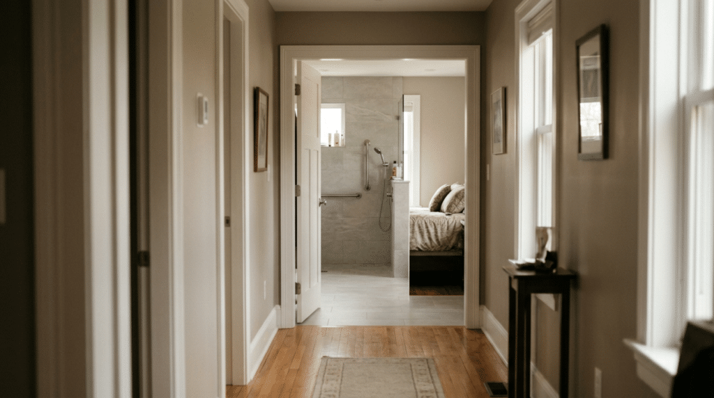 A wide accessible hallway leading to a first floor bedroom - Small Homes USA Newsletter Accessible first floor bedroom hallway design in a small house plan.