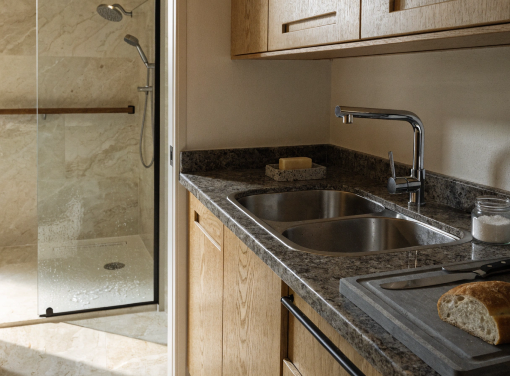 Accessible Kitchen and Bathroom Design - Small Homes USA Newsletter Kitchen with a granite countertop, double sink, modern faucet, a loaf of bread on a cutting board, and a glass-walled shower area to the left.