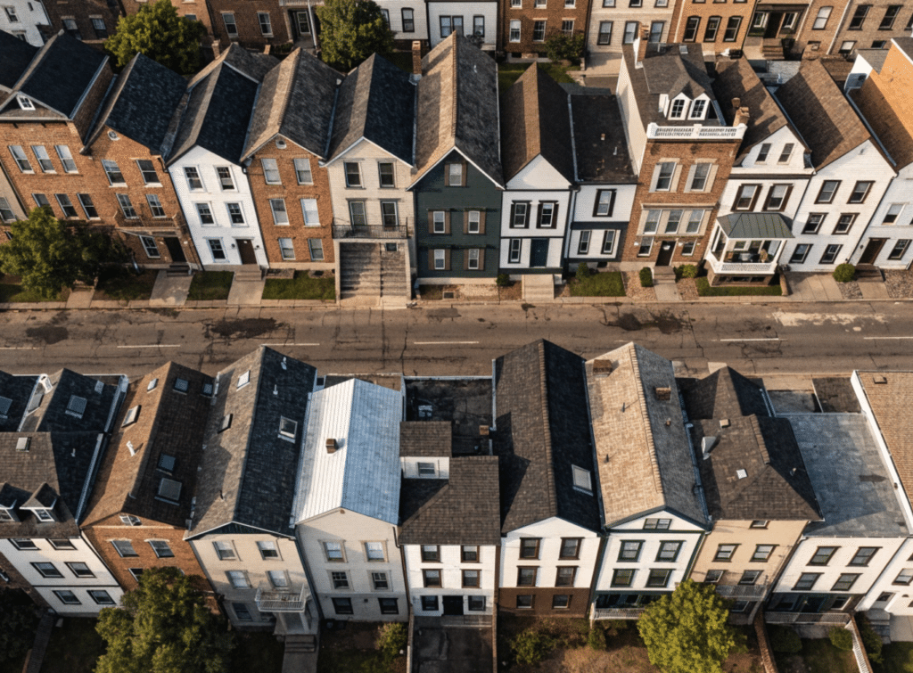 Aerial view of narrow lot homes - Small Homes USA Newsletter Aerial view of narrow lot homes in an urban neighborhood.