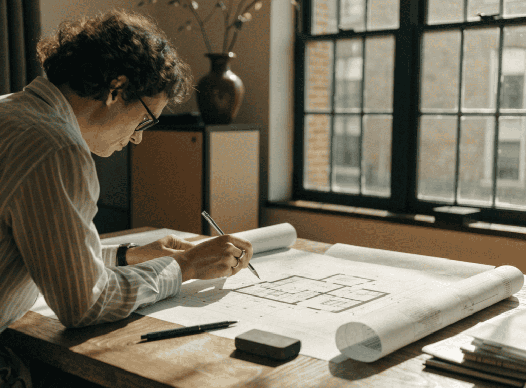 Architect Reviewing - Small Homes USA Newsletter Architect working on small home blueprint in a bright studio.