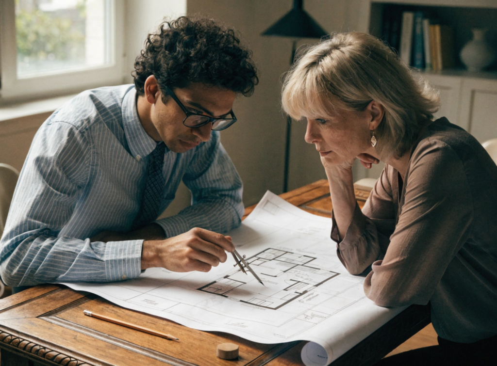 Architect Reviewing Accessible Small House Plan With Client - Small Homes USA Newsletter Two professionals review architectural blueprints at a wooden table, one using a compass to explain details.
