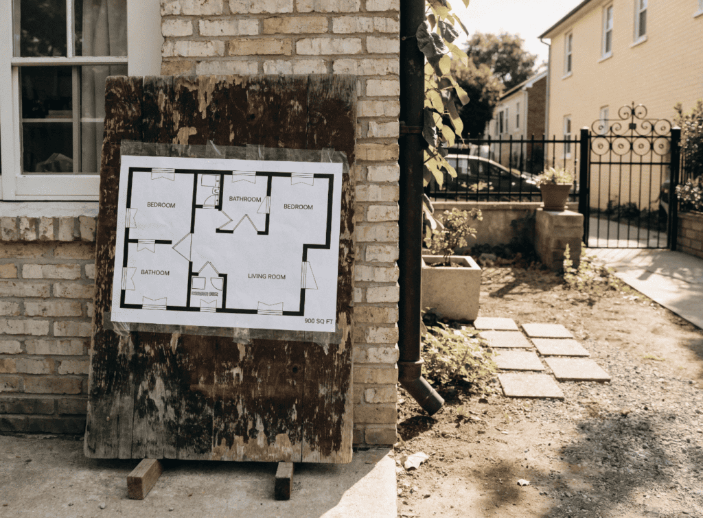 Architectural Diagram - Small Homes USA Newsletter Small home blueprint displayed outside on a brick wall.