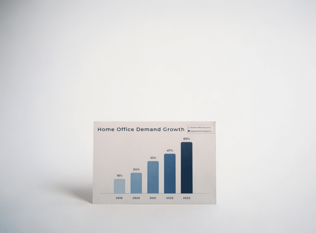 Bar chart showing growth in home office - Small Homes USA Newsletter Bar chart titled Home Office Demand Growth showing rising percentages from 18% in 2019 to 65% in 2023.