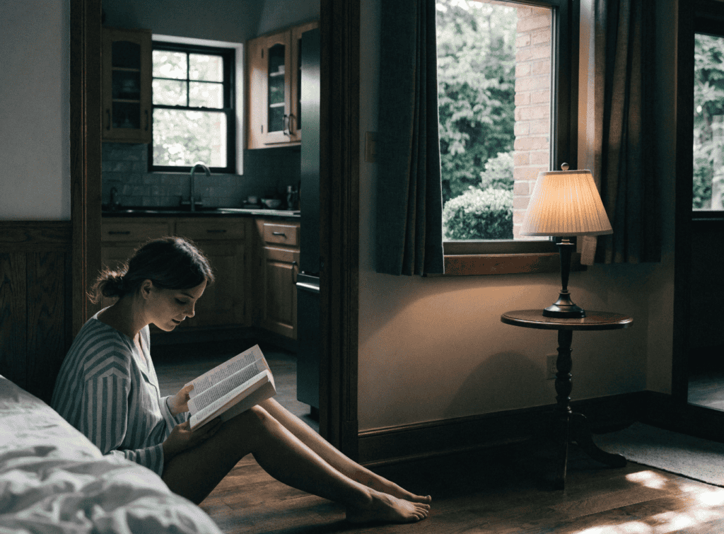 Cozy Small Home Interior with Reading Woman - Small Homes USA Newsletter Woman reading a book in a cozy small home with natural light and warm decor.