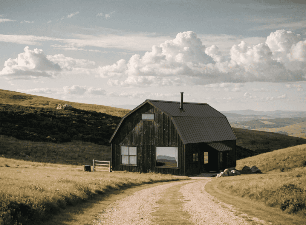 Black Barn - Small Homes USA Newsletter Small black wooden house in rural landscape with rolling hills and cloudy sky.
