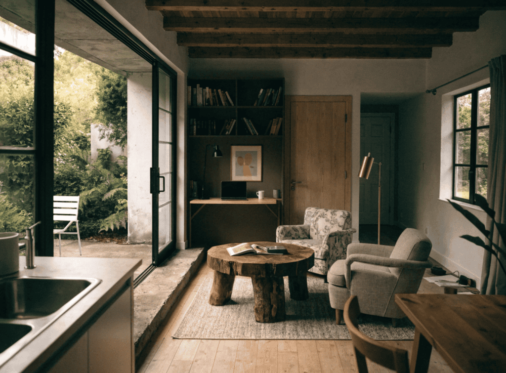 Bright Open Plan - Small Homes USA Newsletter Cozy interior of a small home with large windows and rustic furniture.