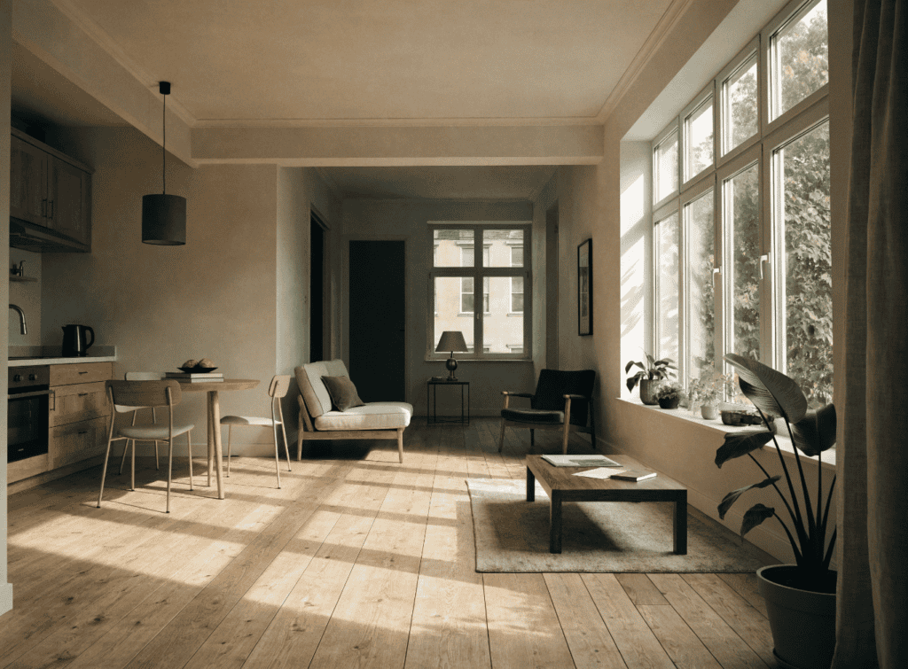 Bright Studio - Small Homes USA Newsletter Bright living room with large windows and minimalist decor.