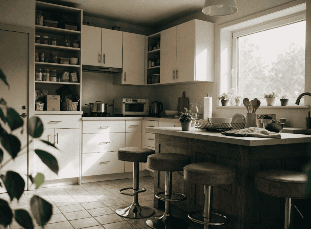 Built in Pantry - Small Homes USA Newsletter Modern kitchen with white cabinets, open shelving, and a breakfast bar with stools.