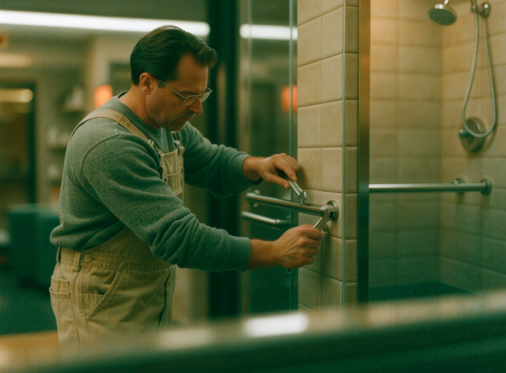 Contractor Installing Accessibility Grab Bars - Small Homes USA Newsletter Maintenance worker in overalls tightening a door handle on a glass shower door, with tiled wall and showerhead visible.