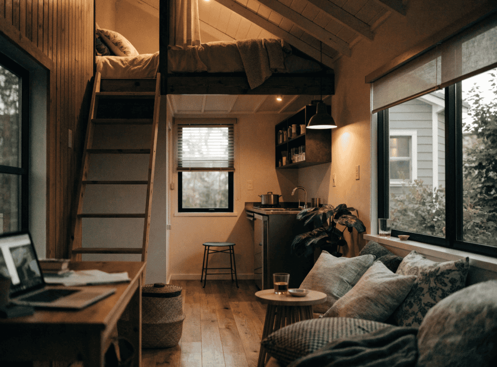 Cozy Finished Tiny Home - Small Homes USA Newsletter Cozy tiny home interior with loft bed, small kitchen, and living area with large windows.