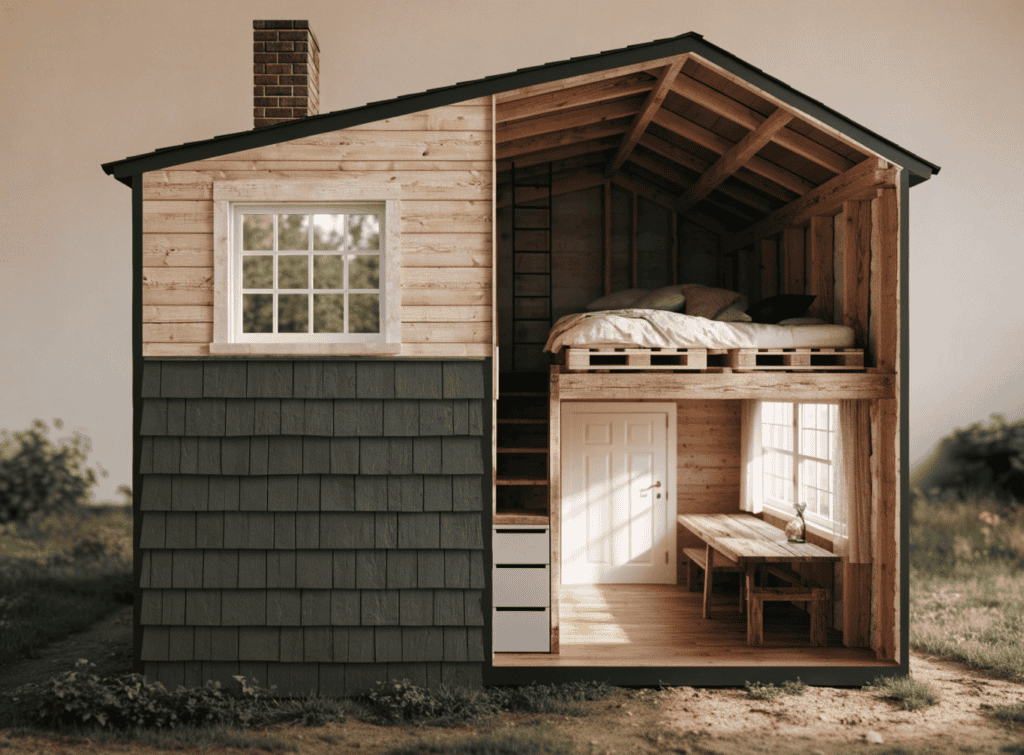 Cutaway Architectural Diagram - Small Homes USA Newsletter Interior view of a tiny wooden home with loft and workspace design.
