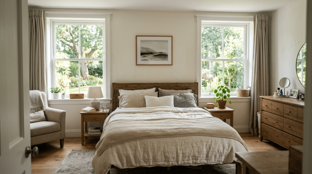 First floor primary bedroom - Small Homes USA Newsletter First floor primary bedroom in a small house plan with natural light and simple furnishings