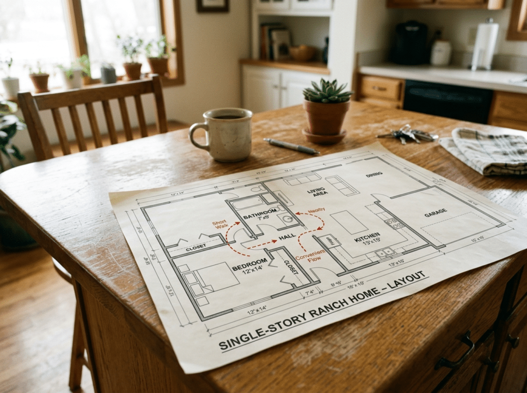 Floor plan diagram - Small Homes USA Newsletter Floor plan labeled'Single-Story Ranch Home - Layout' spread on a wooden table with a mug, plant, and keys nearby in a bright kitchen.