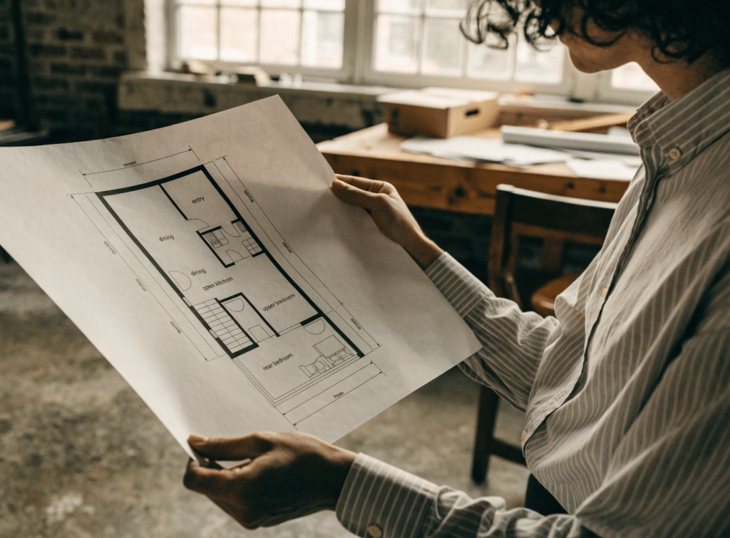Floor plan of a two-story narrow lot home - Small Homes USA Newsletter Floor plan of a two-story narrow lot home showing room layout and dimensions.