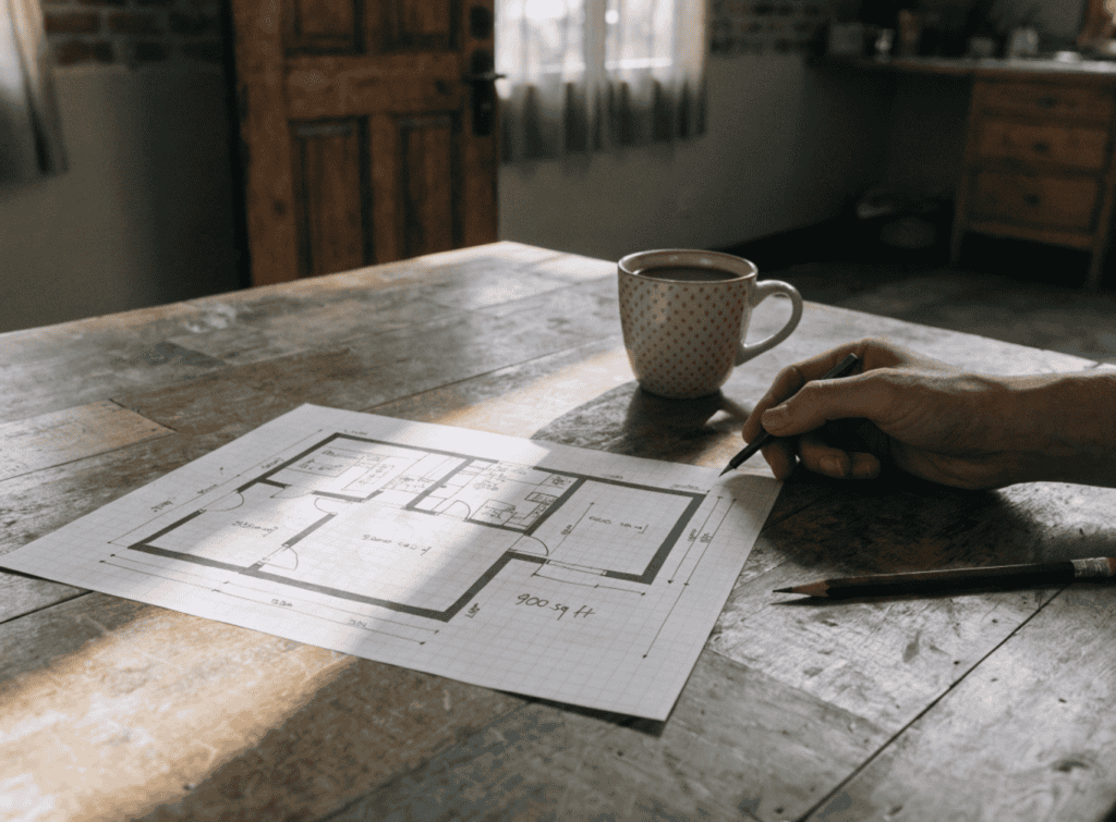 Graph Paper - Small Homes USA Newsletter Person drawing floor plan on rustic wooden table with coffee mug nearby.