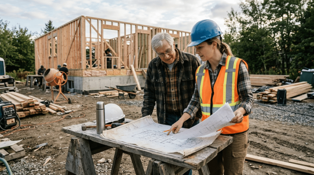 Homeowner and builder reviewing small house plans - Small Homes USA Newsletter Homeowner and builder reviewing small house plans with first floor bedroom layout.