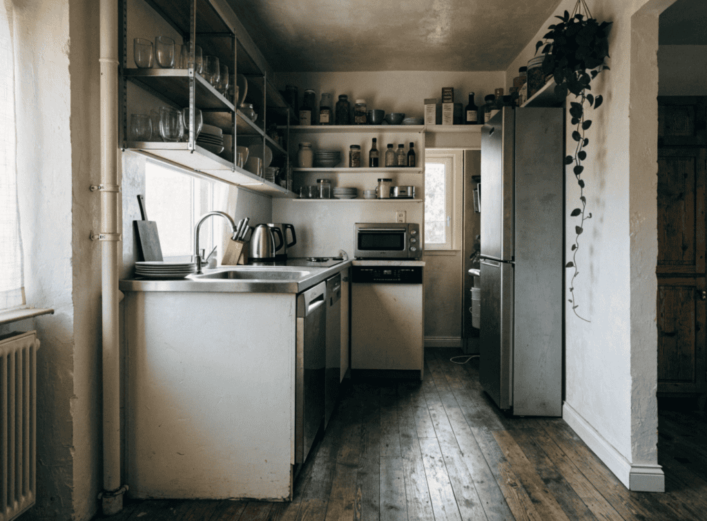 Interior Galley Kitchen - Small Homes USA Newsletter Cozy small kitchen with open shelves and vintage appliances.