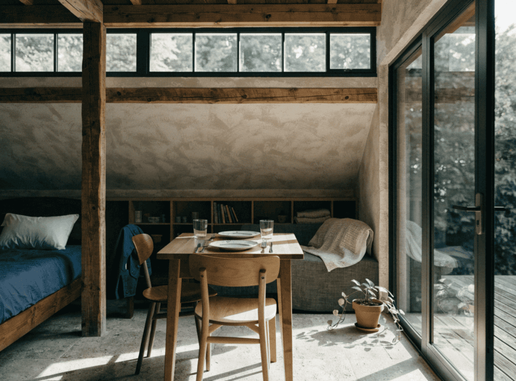 Interior Shot of a Tiny Home - Small Homes USA Newsletter Cozy tiny home interior with wooden accents and large windows for natural light.