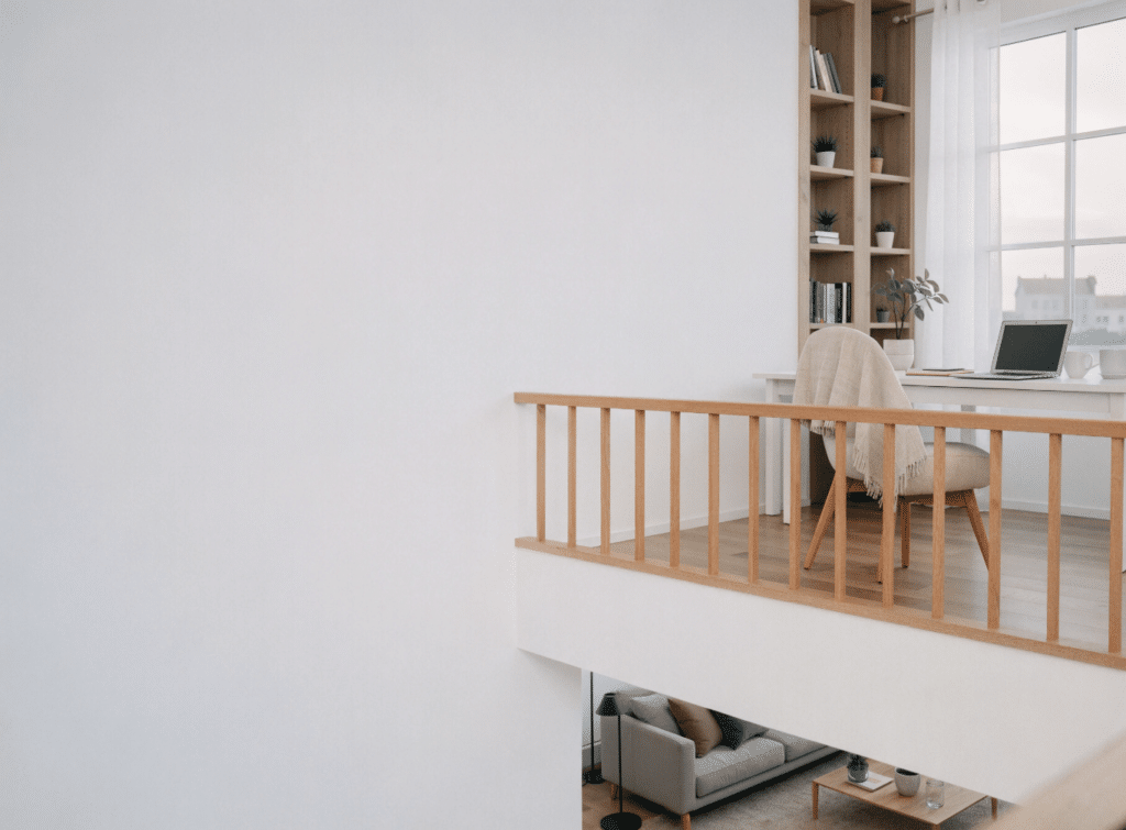 Loft home office in a small two-story house - Small Homes USA Newsletter Bright home office on a mezzanine with a wooden railing, desk with laptop and bookshelf by a large window