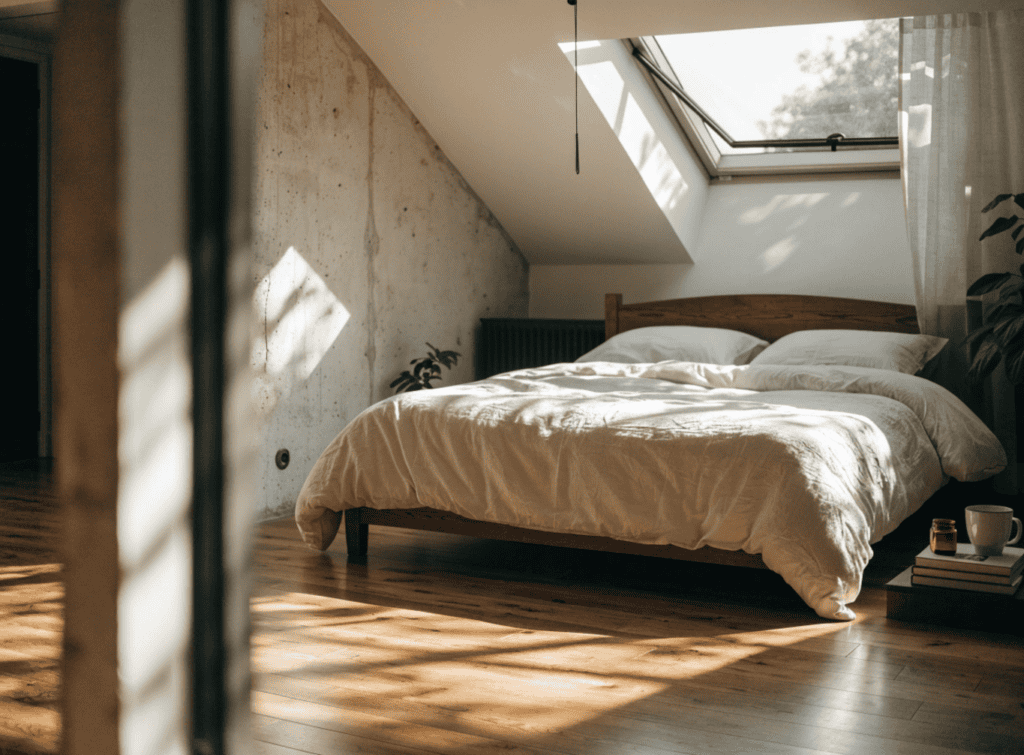 Morning Light - Small Homes USA Newsletter Cozy bedroom with skylight and natural sunlight in a tiny home loft.