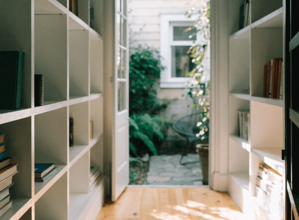 Narrow home interior - Small Homes USA Newsletter Narrow home interior with built-in shelving and rear patio view.