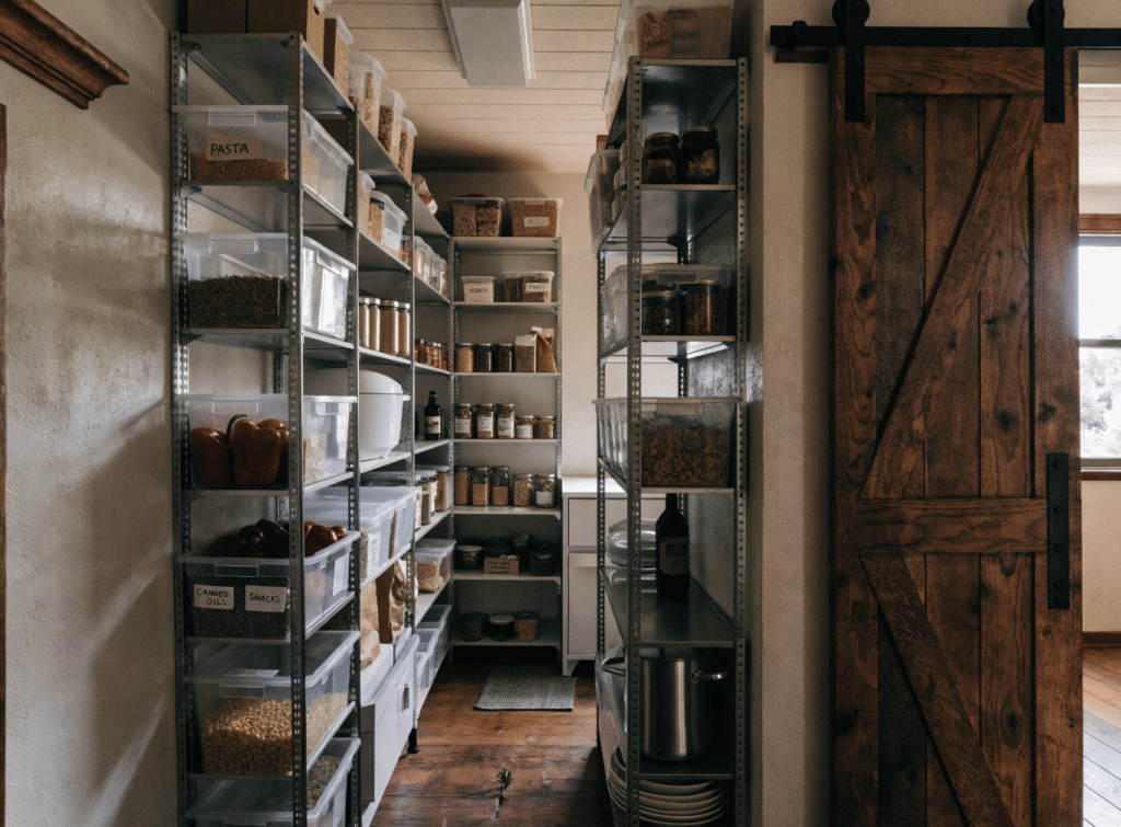 Narrow walk-in pantry - Small Homes USA Newsletter Industrial-style pantry with metal shelves stocked with jars, bins, and dry goods beside a wooden sliding barn door.