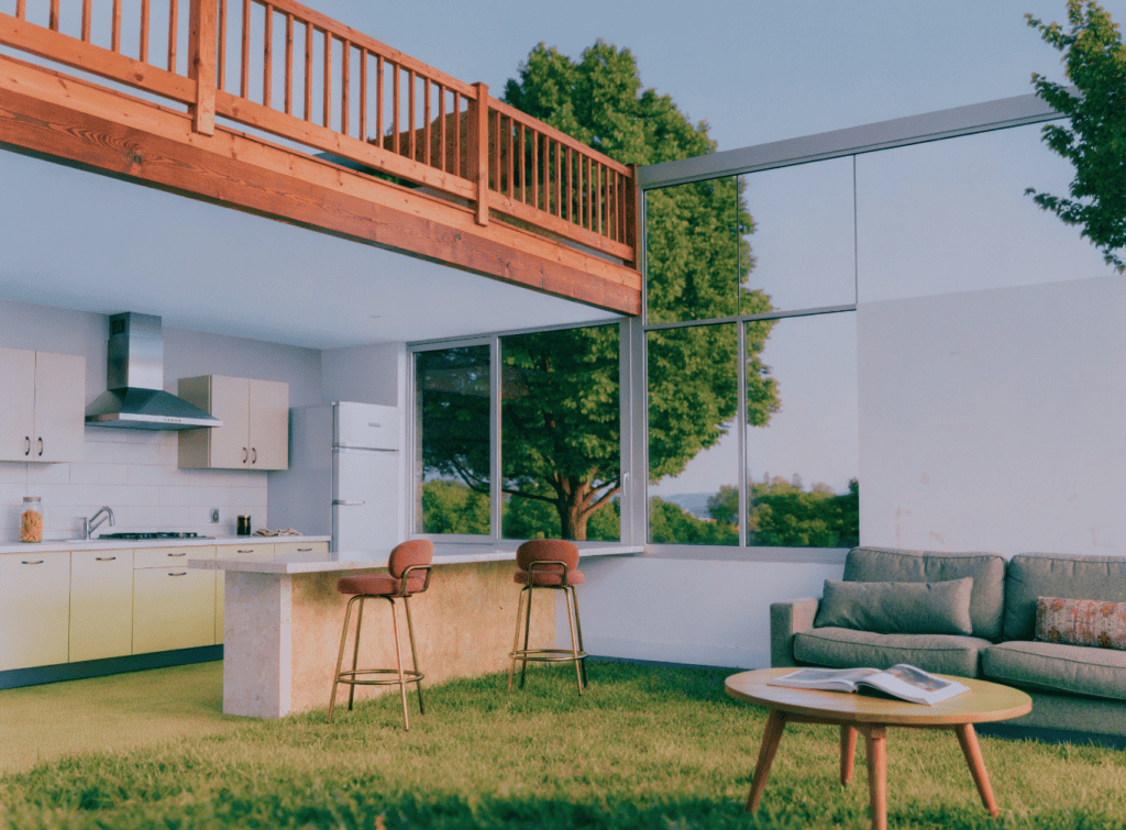 Open Layout Kitchen - Small Homes USA Newsletter Modern tiny home interior with large windows and outdoor view.