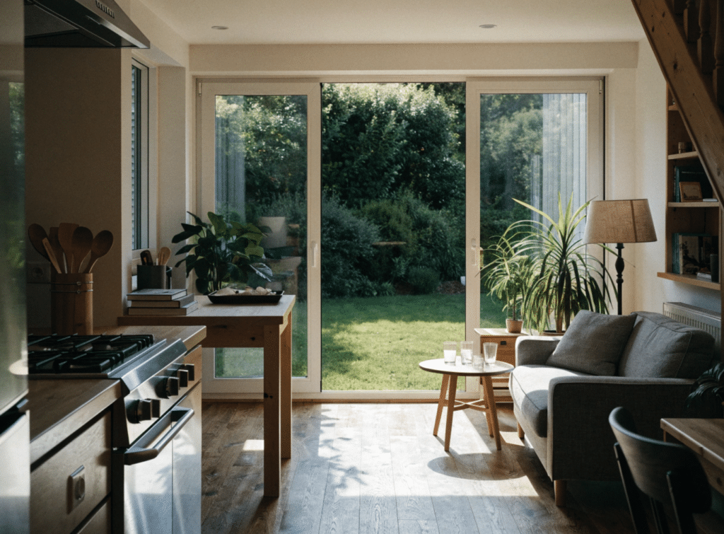 Open-plan narrow home interior - Small Homes USA Newsletter Open-plan narrow home interior with natural light from rear glass doors.