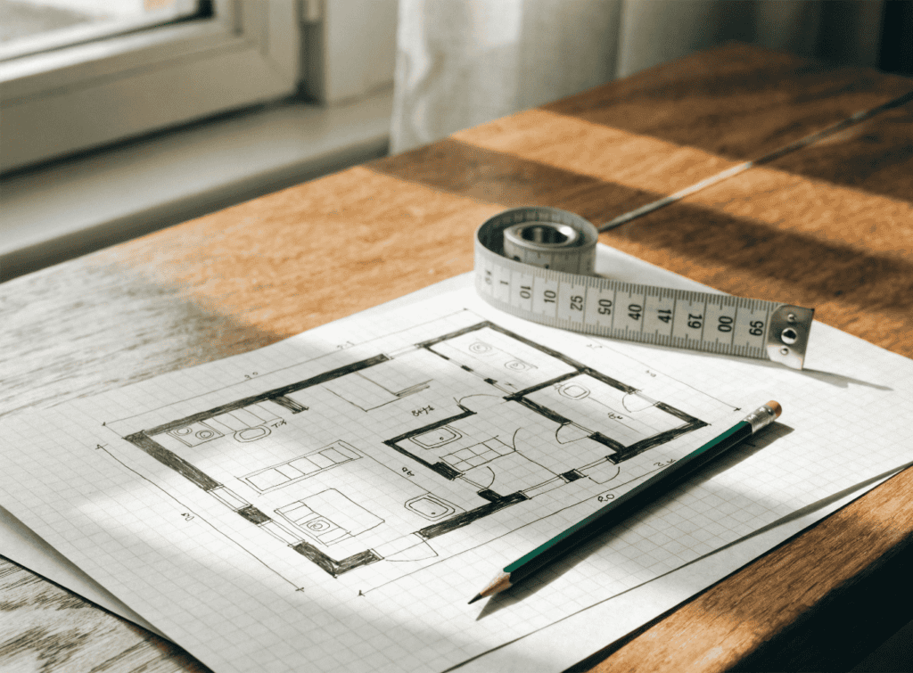 Plan Sketch - Small Homes USA Newsletter Architectural blueprint with measuring tape on wooden table in sunlight.