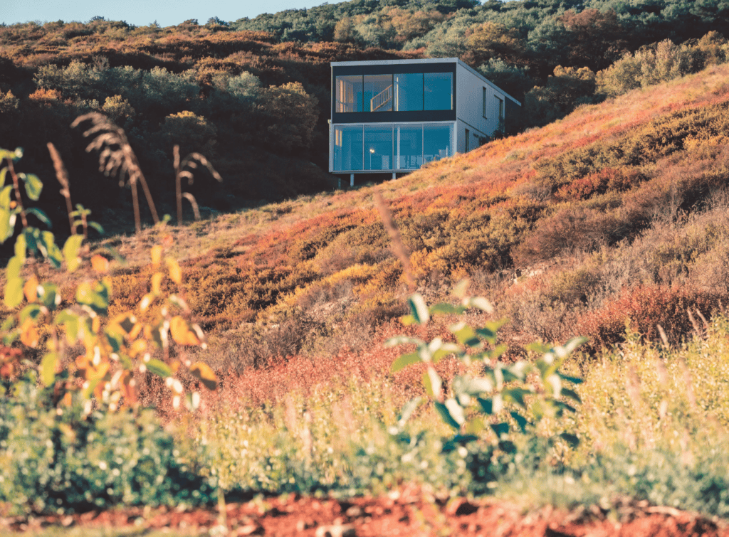 Prefab Modular Home - Small Homes USA Newsletter Modern glass tiny home on hillside with colorful foliage in autumn.