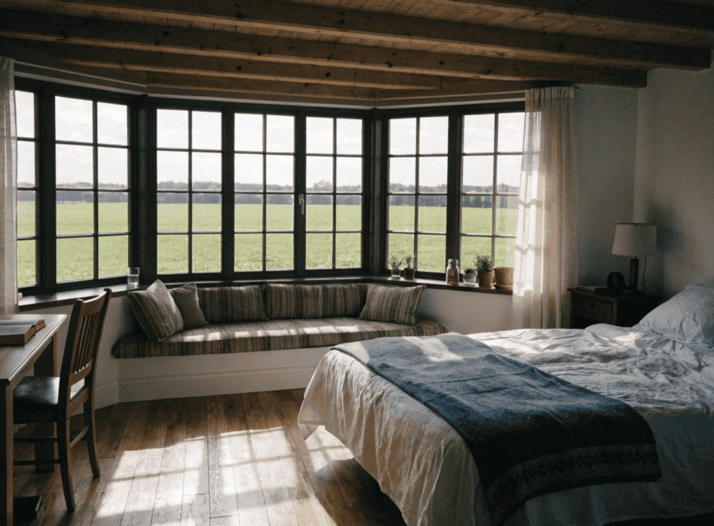 Queen Bed - Small Homes USA Newsletter Cozy bedroom with large bay window overlooking green fields.