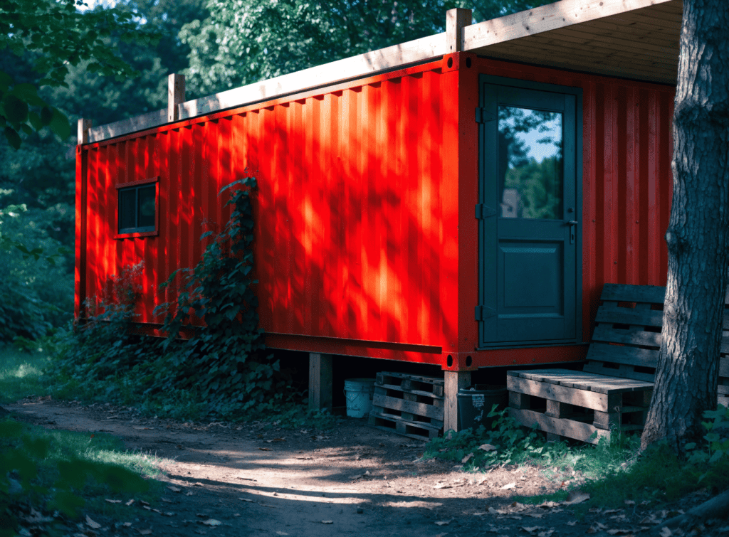 Shipping Container Home - Small Homes USA Newsletter Red tiny home on stilts with blue door in a wooded area.