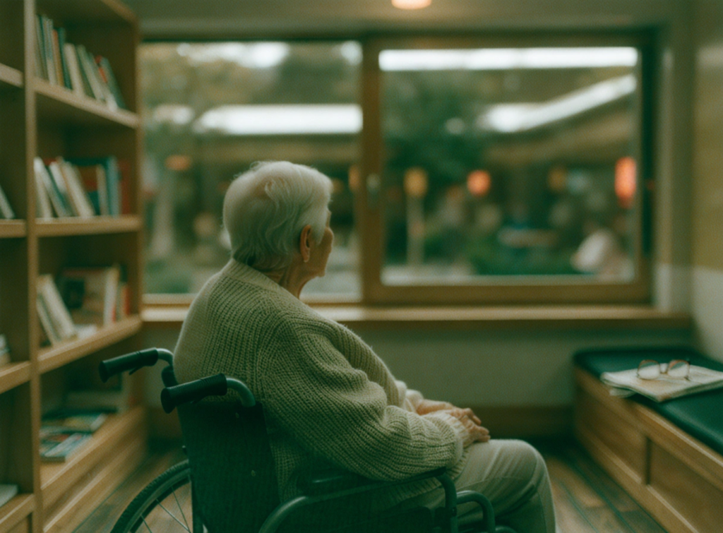 Single-Story Living - Small Homes USA Newsletter Elderly person in a wheelchair sits by a library window, looking outside, with shelves of books on the left.