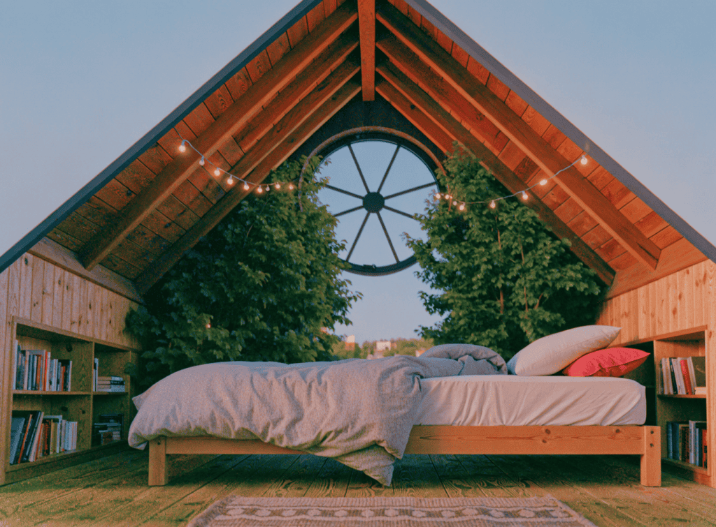 Sleeping Nook - Small Homes USA Newsletter Cozy tiny home loft with large circular window and greenery outside.