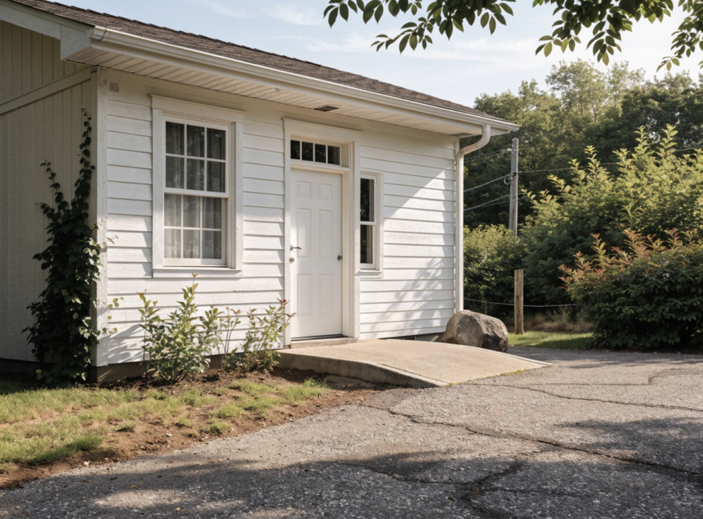 Small Accessible House Exterior With Zero-Step Entry - Small Homes USA Newsletter White, single-story house with a centered front door, two windows, and a small concrete ramp leading to the entrance, set against greenery and a cracked driveway.