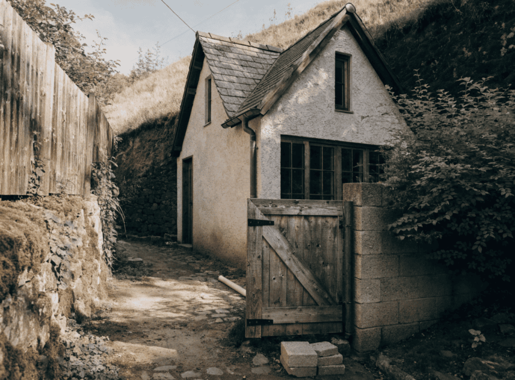 Small House Architecture Ideas - Small Homes USA Newsletter Small cottage with a sloped roof and wooden gate in a rural setting.