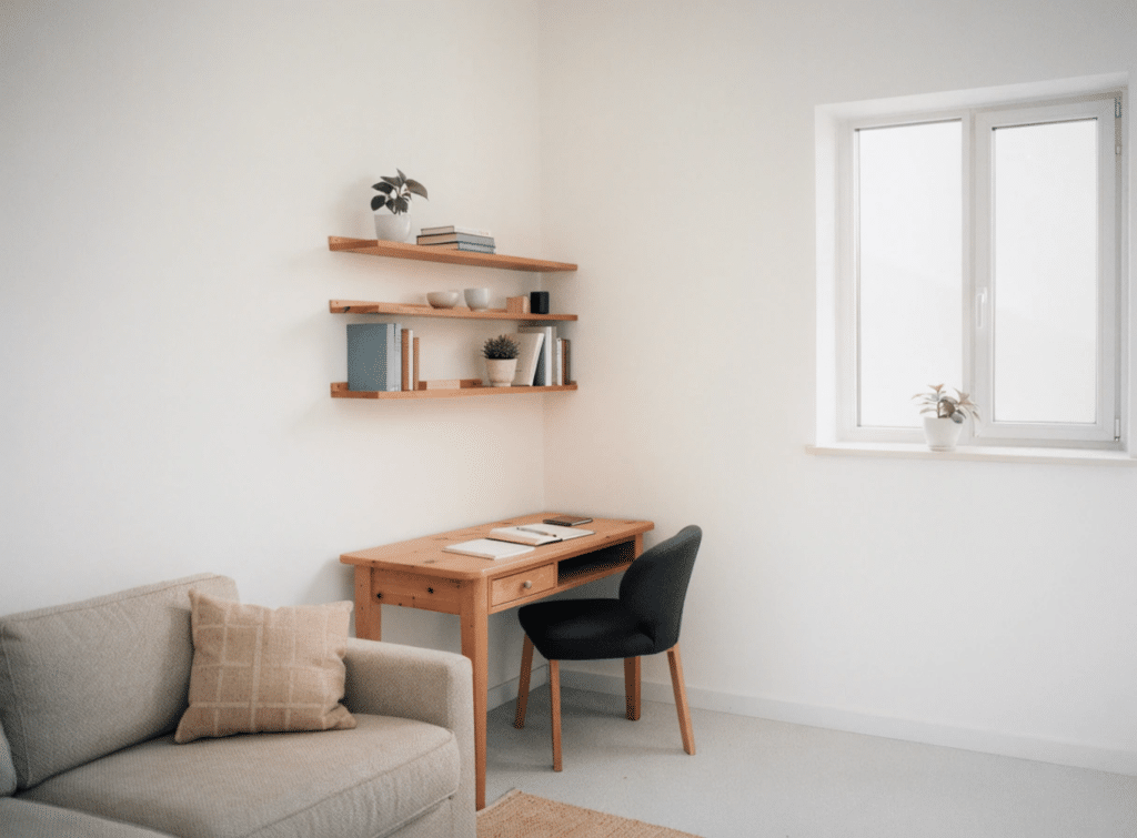 Small home office nook built into a living room - Small Homes USA Newsletter A small home office nook with a wooden desk, black chair, and three wall-mounted wooden shelves holding books and plants, by a bright window.