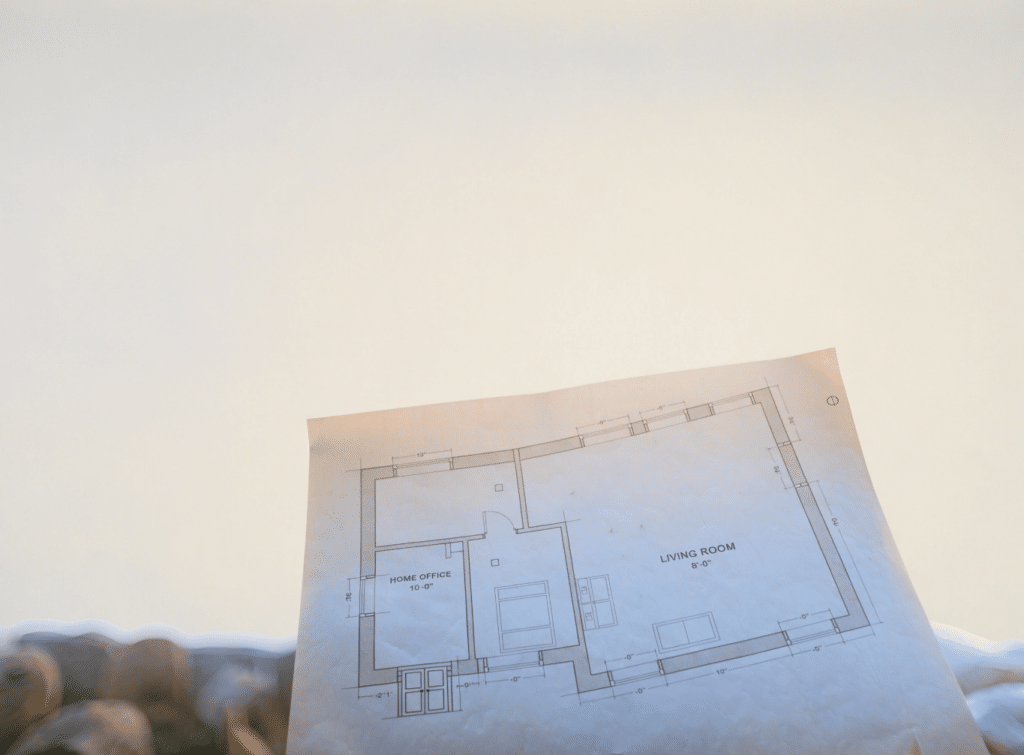 Small house floor plan with a dedicated home office - Small Homes USA Newsletter Blueprint floor plan showing a living room and home office, held outdoors against a light sky background.