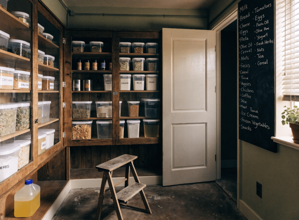 Small walk-in pantry with clear storage containers - Small Homes USA Newsletter Small walk-in pantry with clear storage containers, chalkboard wall, and folding step stool for upper shelf access