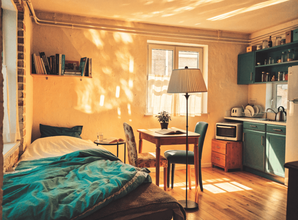 Cozy Small Home Interior Design - Small Homes USA Newsletter Small home interior with bed, table, and kitchen area in warm sunlight.