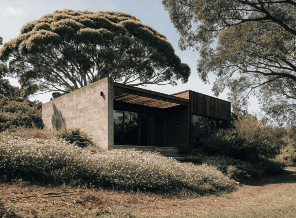 Tiny Home Native Plants - Small Homes USA Newsletter Modern small home with concrete and wood exterior in natural landscape.