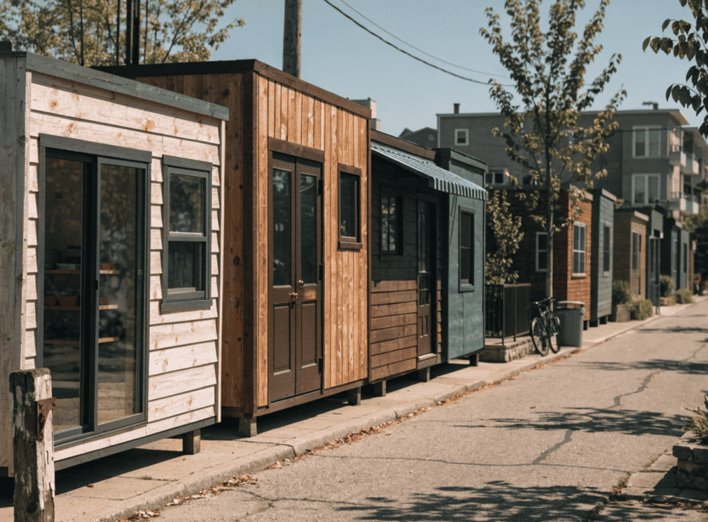 Tiny Home in a Row - Small Homes USA Newsletter Colorful tiny homes on a city street with trees and bicycles nearby.