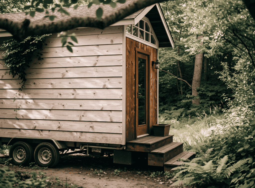 Tiny House on Wheels - Small Homes USA Newsletter Cozy tiny home with wooden exterior and steps in a forest setting.