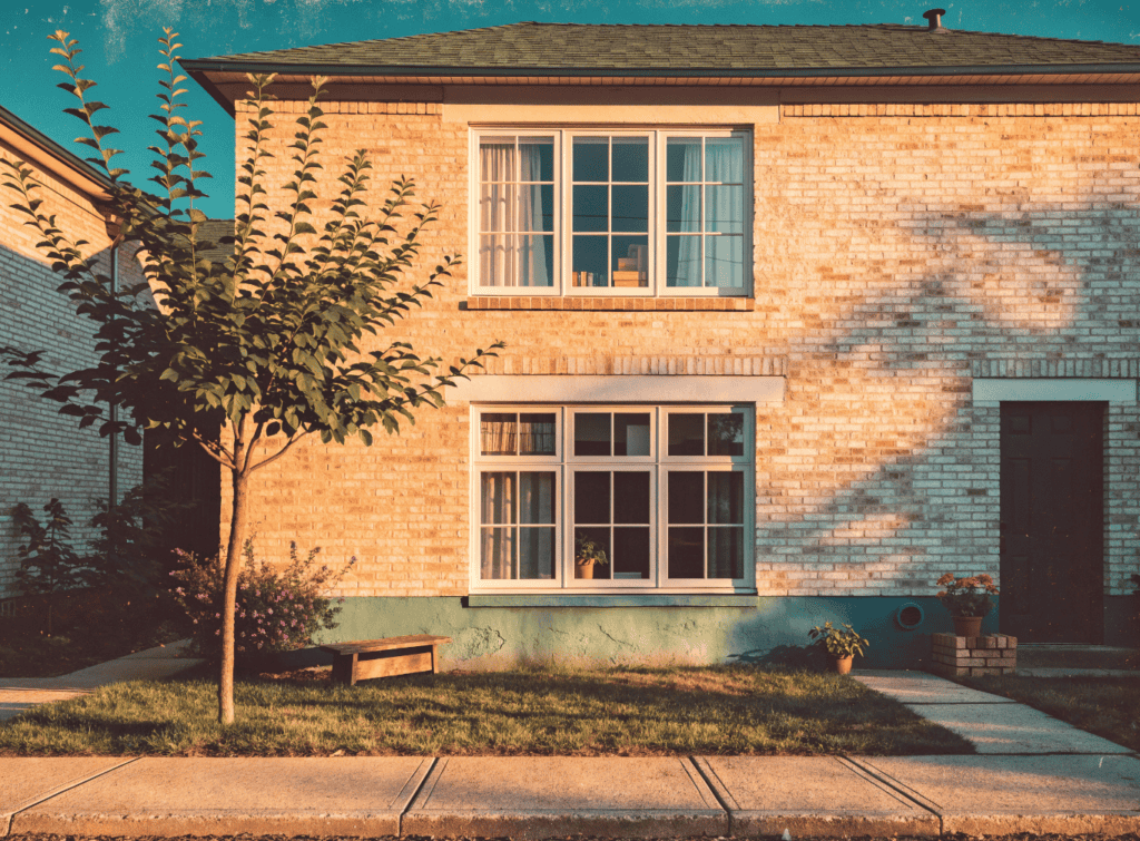 Two Story - Small Homes USA Newsletter Brick house with large front windows and a small front yard in sunlight.