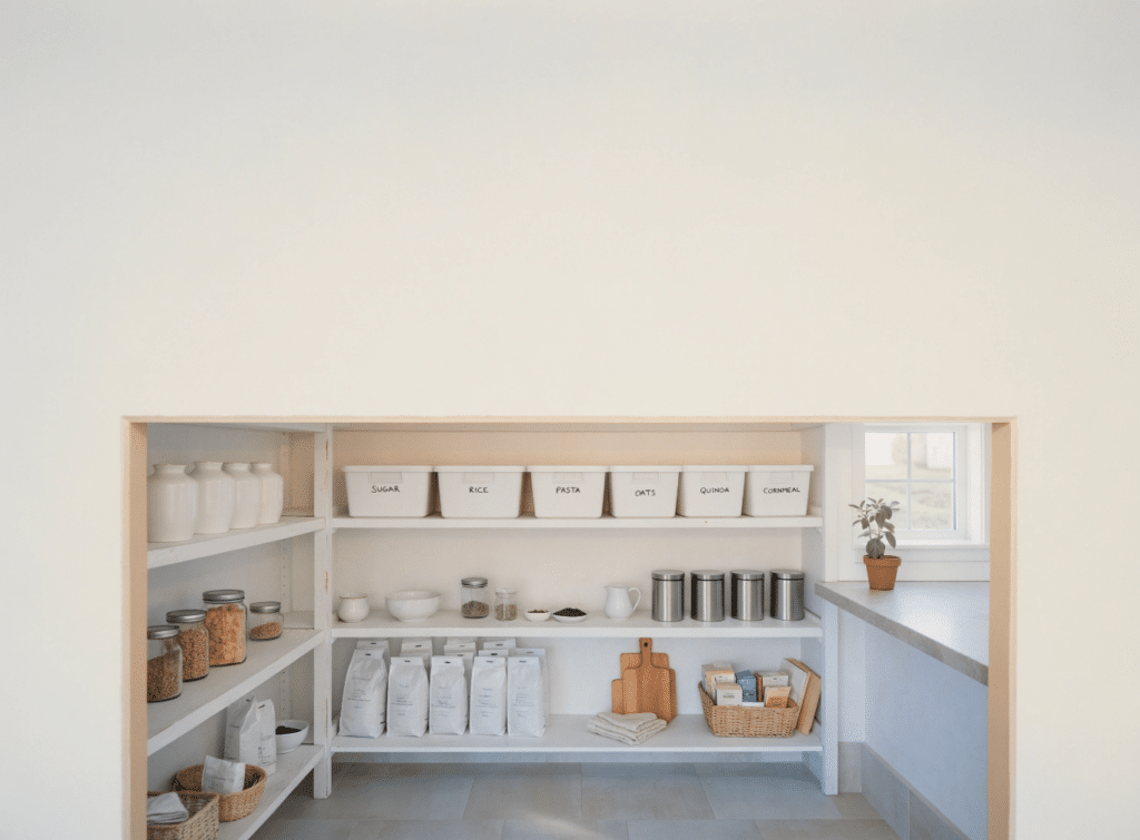 Walk-in pantry in a small farmhouse - Small Homes USA Newsletter Walk-in pantry in a small farmhouse home with white open shelving and natural wood accents