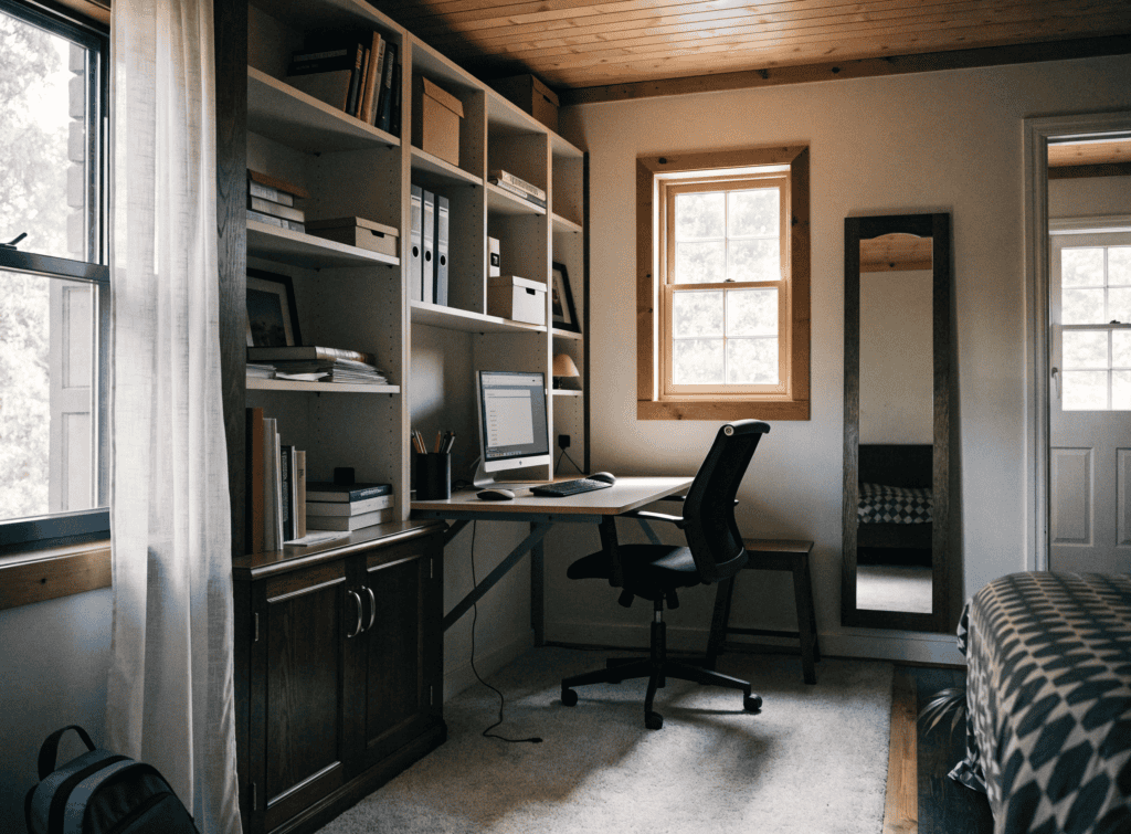 Wall Shelving - Small Homes USA Newsletter Home office with desk, bookshelf, and window in a small sustainable home.