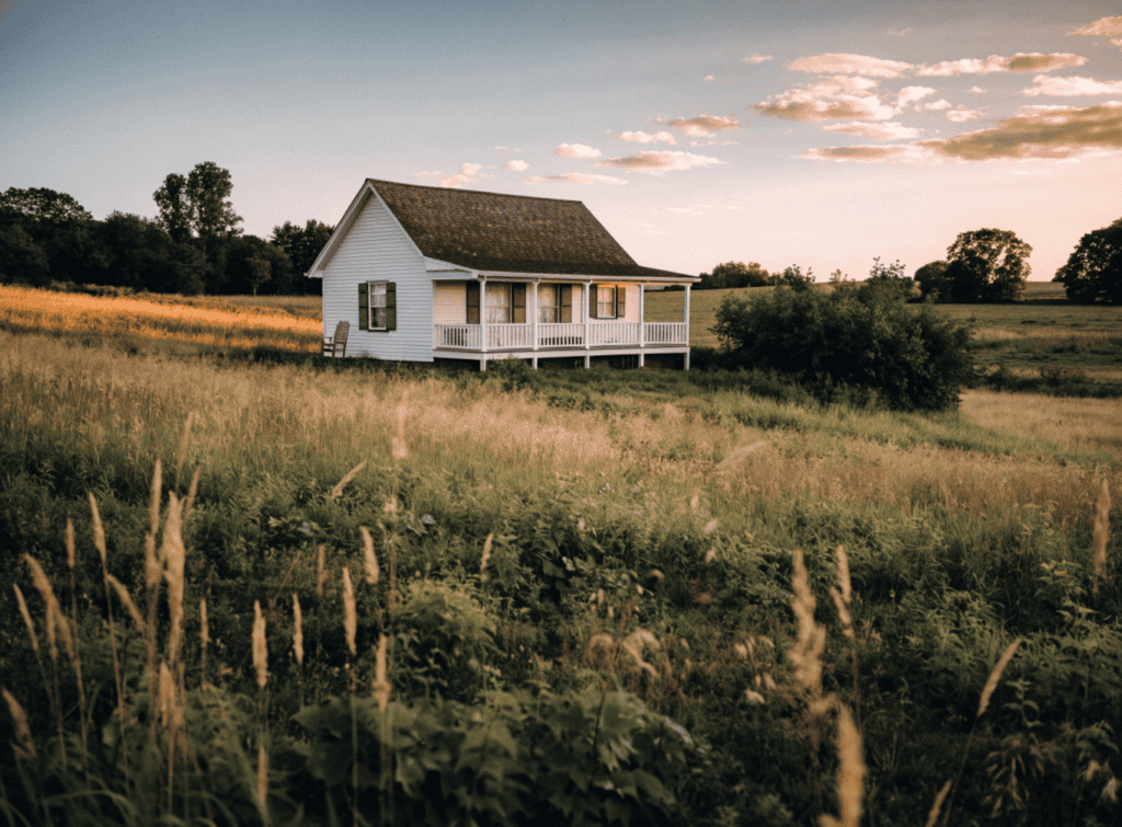 White Farmhouse - Small Homes USA Newsletter White small house with porch in rural field at sunset.